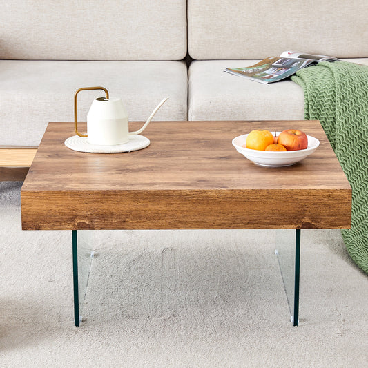 Natural Style Square MDF Coffee Table - 31.5'x31.5' with Tempered Glass Legs.Density Board Sticker,Reinforced Glass.