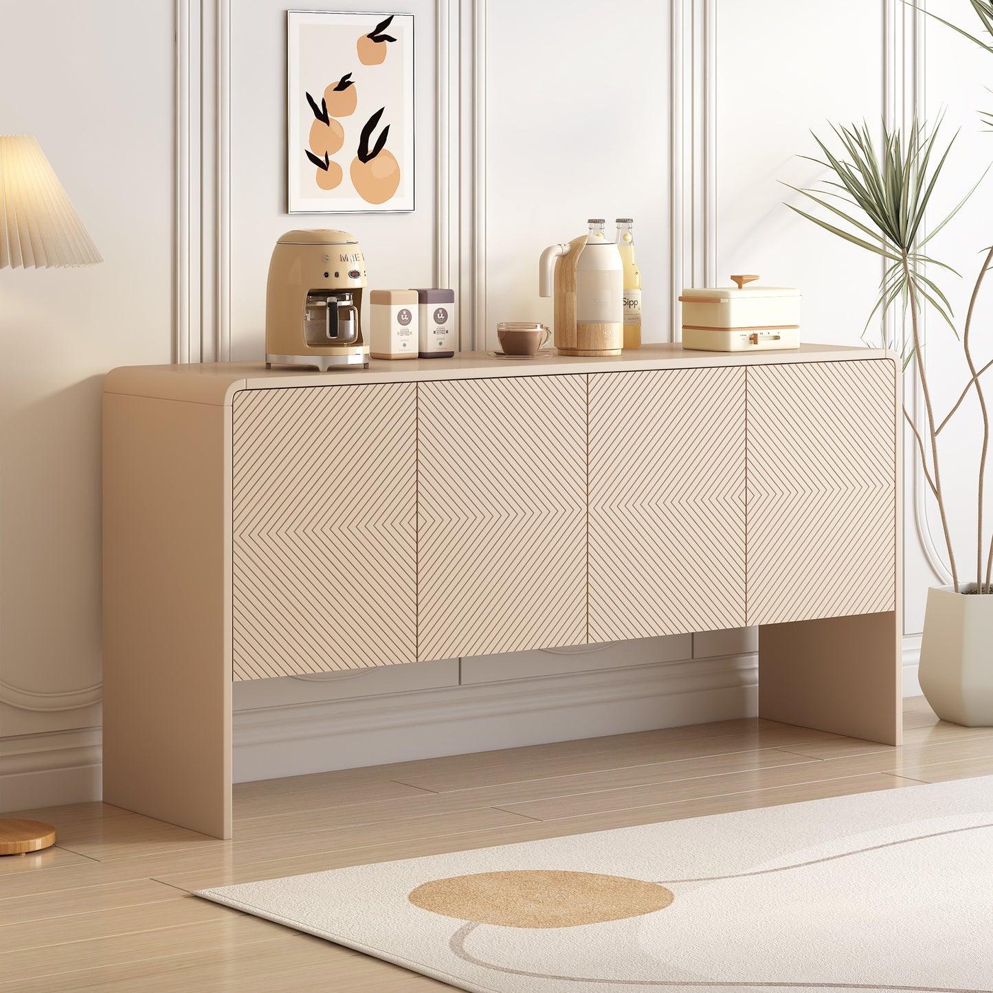 TREXM Minimalist Style 60'L Large Storage Space Sideboard with 4 Doors and Rebound Device for Living Room and Entryway (Apricot Cream)