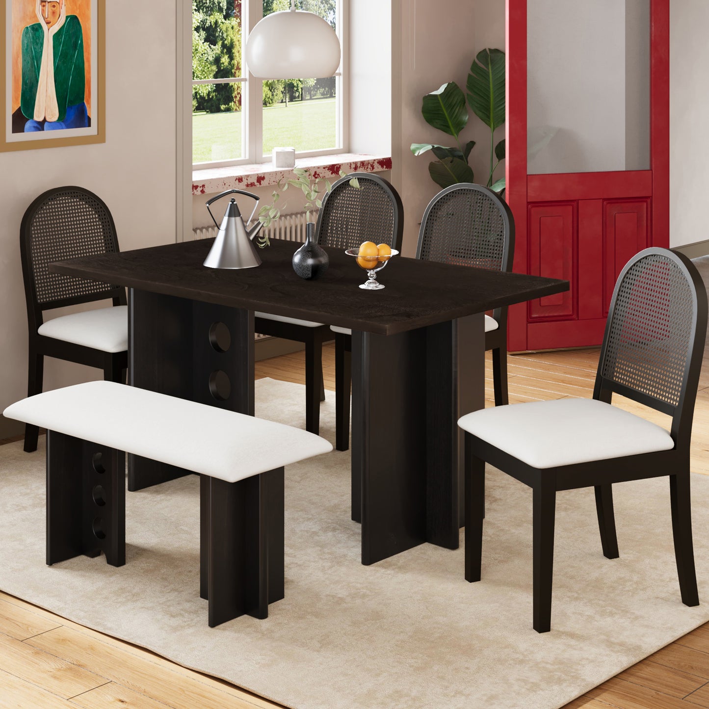 TOPMAX Modern Double Pedestal 6-Piece Dining Table Set, 4 Upholstered Rattan Back Dining Chairs and Bench for 6, Espresso
