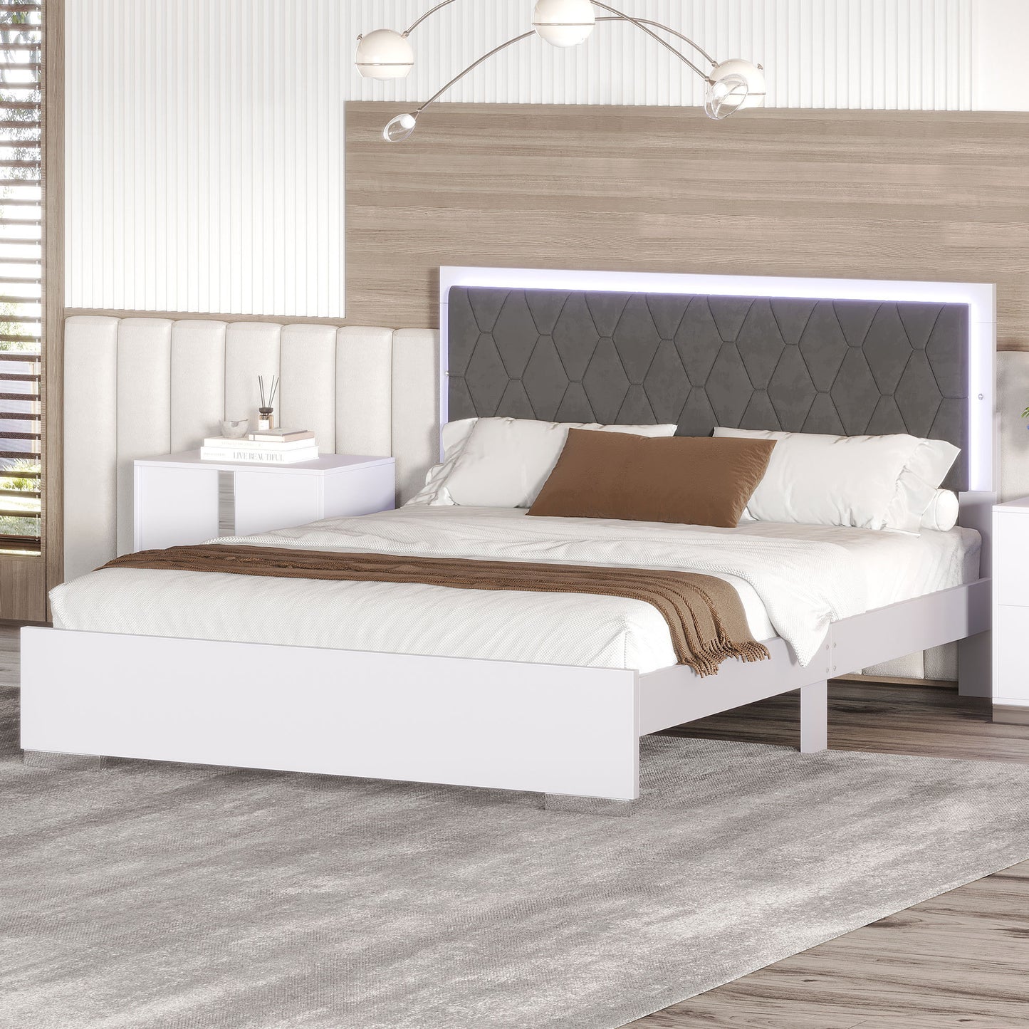Queen Size Upholstered Bed with LED Light,Modern Platform Bed with with Velvet Headboard,White