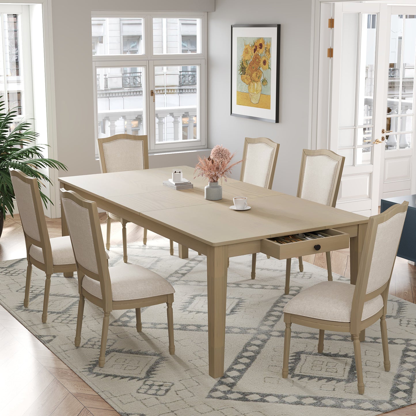 TOPMAX Rustic 7-Piece 78.1inch Extendable Dining Table Set with 18inch Removable Leaf, 6 Upholstered Dining Chairs, 2 Built-in Drawers, Natural