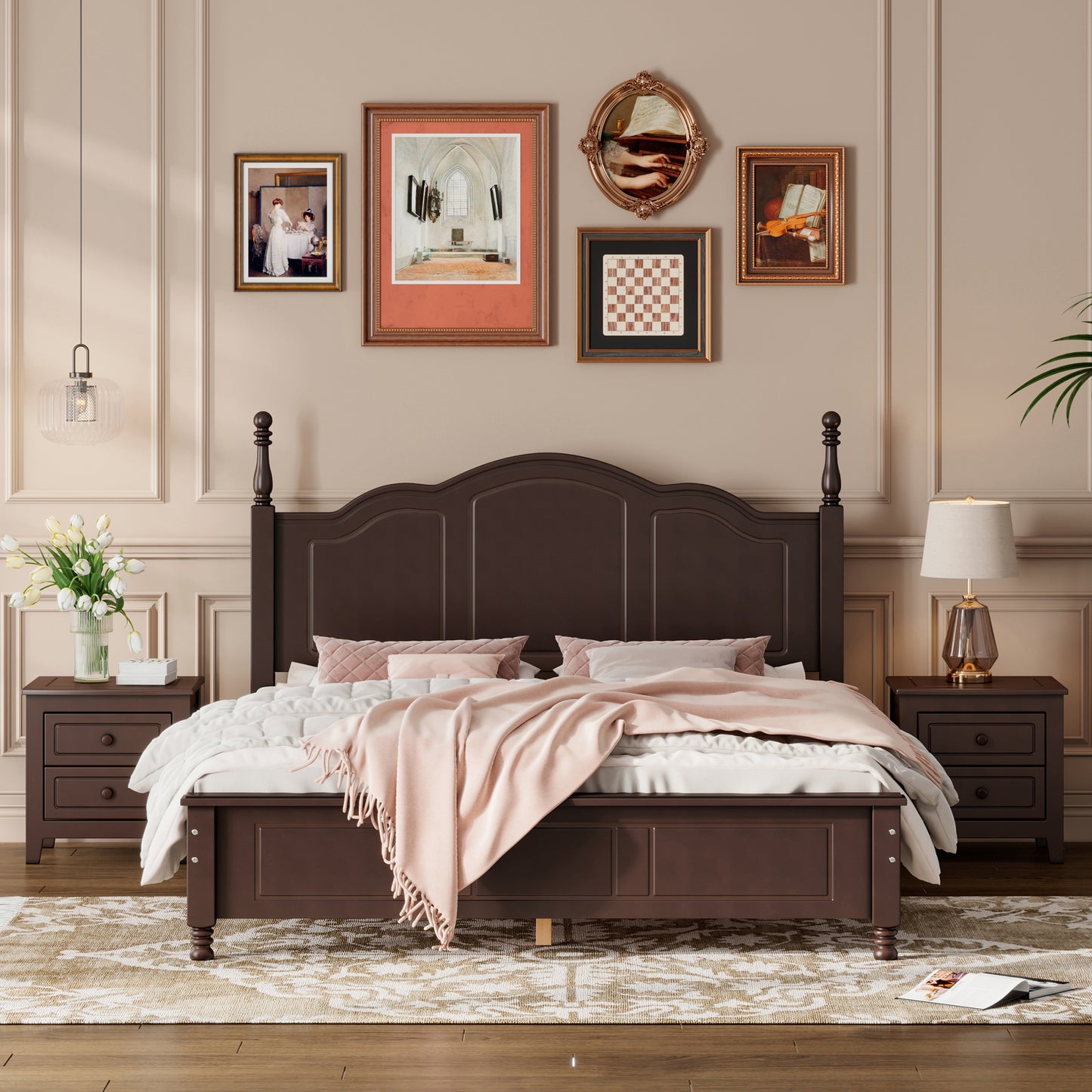 3-Pieces Bedroom Sets,Queen Size Wood Platform Bed  and Two Nightstands-Dark Walnut
