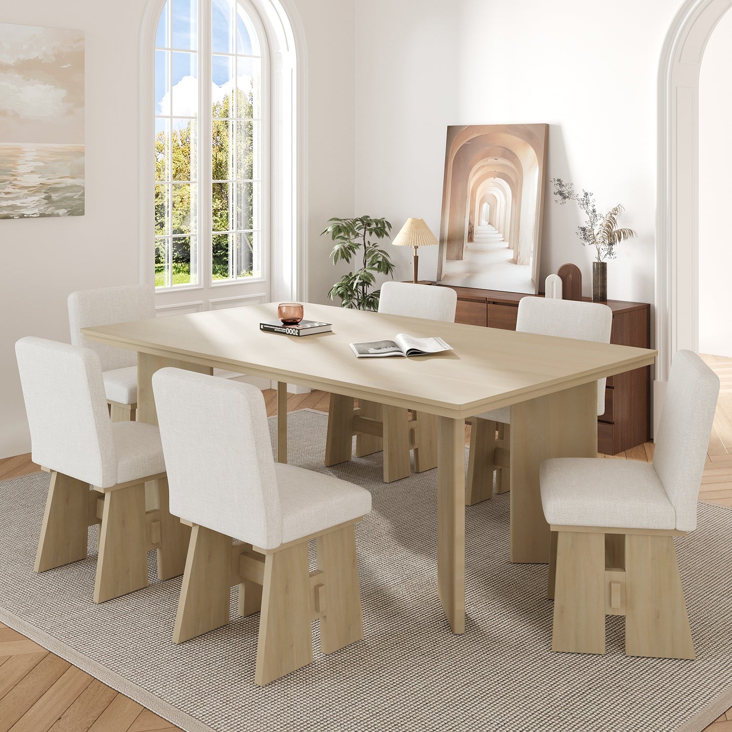 TOPMAX Modern 7-Piece Dining Table Set with 6 Upholstered Dining Chairs, Natural