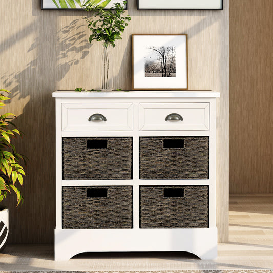 TREXM Rustic Storage Cabinet with Two Drawers and Four  Classic Rattan Basket for Dining Room/Living Room (White)