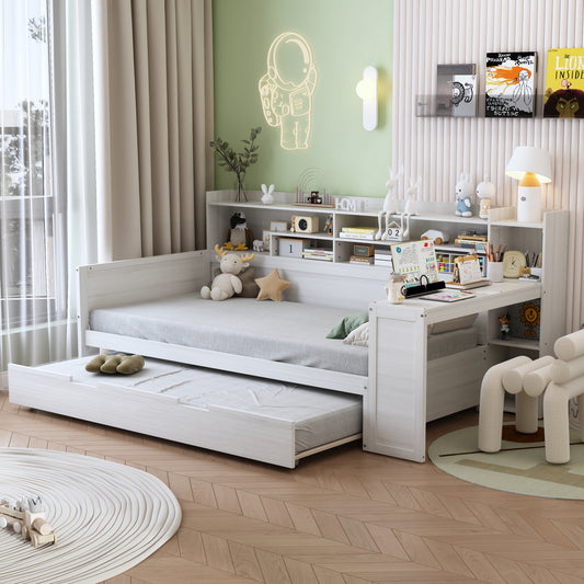 Wooden Twin Size Daybed with Storage Shelves, Multi-functional Bed with Twin Size Trundle Bed and  Study Desk, Antique White