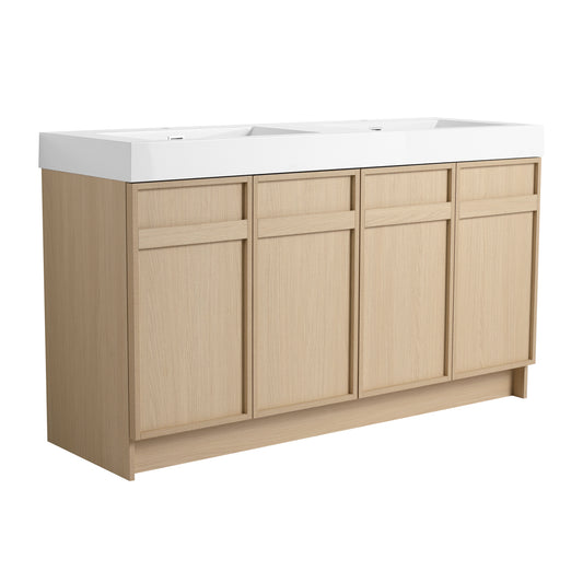 Contemporary 60' Freestanding Bathroom Vanity with White Double Resin Sink & Soft-Close Doors in Oak Finish