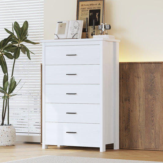 Retro American Country Style Wooden Dresser with 5 Drawer, Storage Cabinet for Bedroom, White