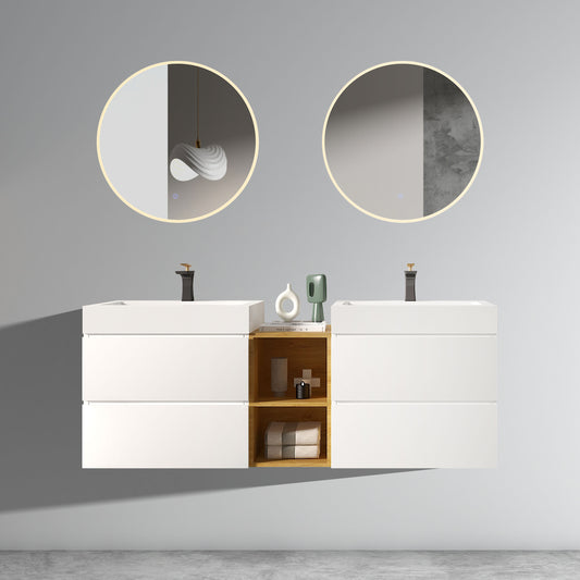 U062-Alice60W-201 Alice 60' White Bathroom Vanity with Double Sinks and Open Shelf, Modern Wall Mounted Floating Bathroom Vanity, One-Piece Sink Basin without Drain and Faucet