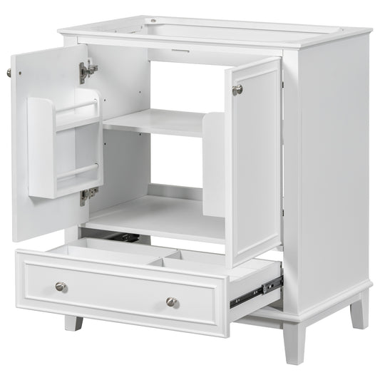 30' Bathroom Vanity without Sink, Base Only, Multi-functional Bathroom Cabinet with Doors and Drawer, Solid Frame and MDF Board, White