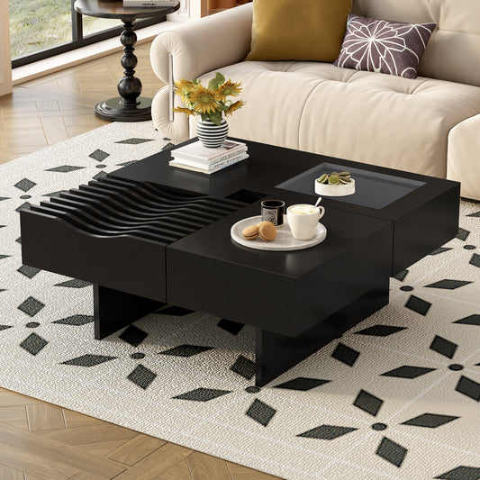 U-Can 33''Mid Century Modern Coffee Table,Unique Square Wooden Coffee Table with 3 Drawers, Tempered glass and Solid Wood Legs for Living Room