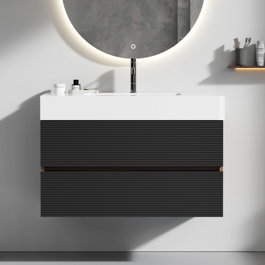 Grace 36' Walnut Bathroom Vanity with Glossy White Solid Surface Sink and Soft Black Drawers, Wall Mounted Floating Bathroom Vanity for Modern Bathroom, One-Piece Glossy White Basin, KD