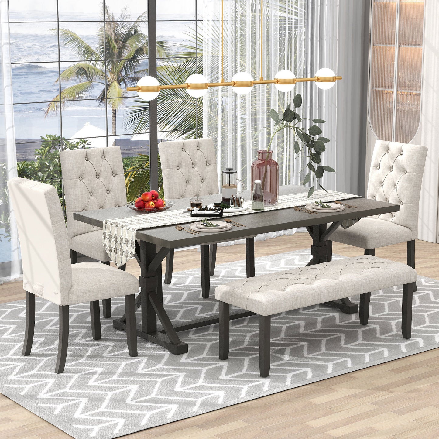 TREXM 6-Piece Farmhouse Dining Table Set 72' Wood Rectangular Table, 4 Upholstered Chairs with Bench (Gray)