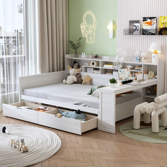 Wooden Full Size Daybed with Storage Shelves, Multi-functional Bed with Two Storage Drawers and  Study Desk, Antique White (Old SKU: HL000089AAK)
