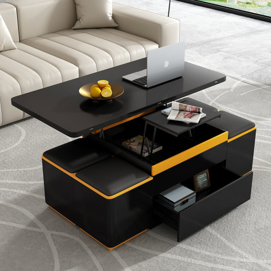 [Video Provided] U-Can Lift-Top Coffee Table with 4 Storage Stools, Modern Space Saving Center Table with Foldable Top, Multi-Functional Adjustable Coffee Table for Living Room