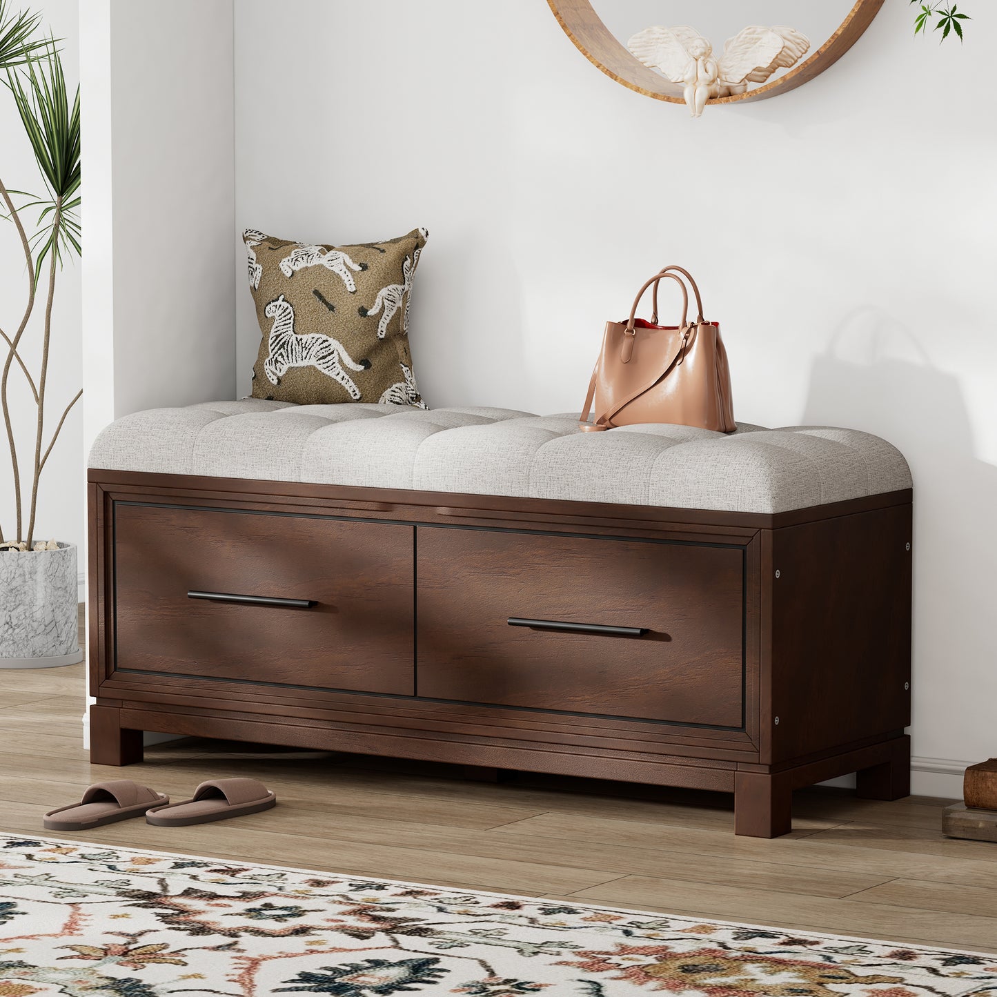 TREXM Shoe Bench with Removable Cushion, Entryway Bench with Hidden Storage for Living Room, Entryway, and Hallways (Espresso)