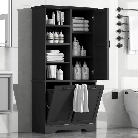Bathroom Storage Cabinet with Doors and Drawers, Tilt-Out Laundry Hamper, Multiple Storage Space, Freestanding Style, Open Shelve, Adjustable Shelf, Black