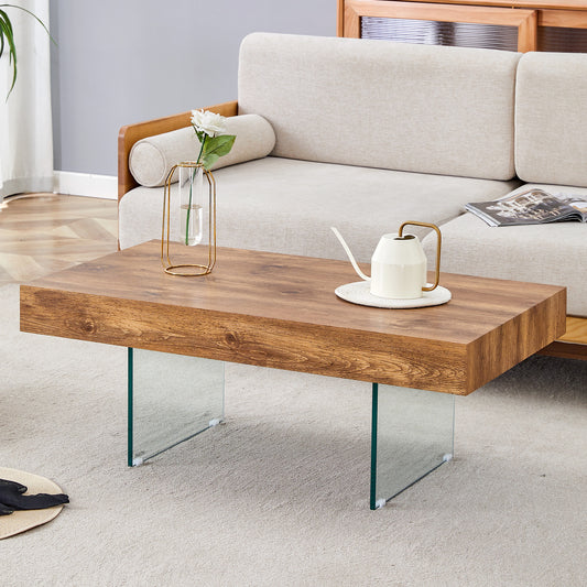 Natural Style MDF Coffee Table - 39.3'x21.6' with Tempered Glass Legs.Density Board Sticker,Reinforced Glass.