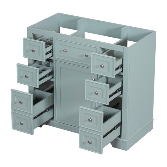 36' Bathroom Vanity without Sink, Cabinet Base Only, One Cabinet and Six Drawers, Green