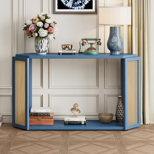 TREXM Narrow Console Table with Unique Irregular Top Design, Entryway Table with Open Shelf, Rattan Sofa Table for Living Room Hallway and Entrance (Antique Blue)