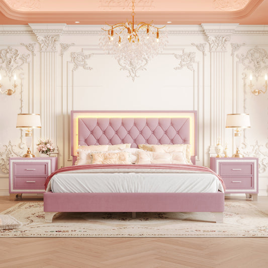 3-Pieces Bedroom Sets,Queen Size Upholstered Platform Bed with LED Lights and Two Nightstands-Pink
