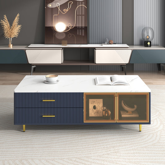 Modern Navy Blue Coffee Table with 2 Glass Door Storage, 4 Drawers, Gold Metal Legs, and Multi-Color Lighting in 47.2''