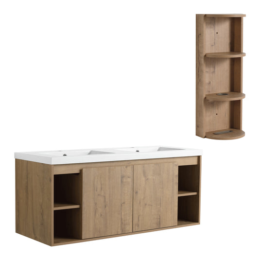 Modern 48' Wall-Mounted Bathroom Vanity with Double Resin Sink and Storage Rack, Soft Close Doors, Imitative Oak Finish