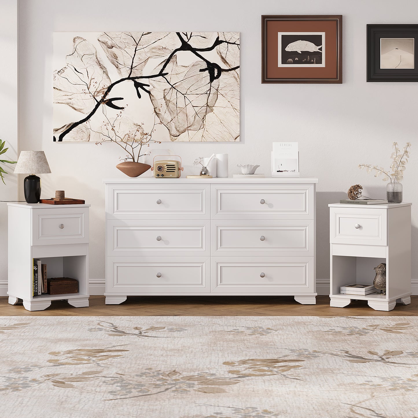 3-Pieces Bedroom Set, 6-Drawer Dresser and Two Nightstands with Metal Handles, Elegant Design and Retro Style,White
