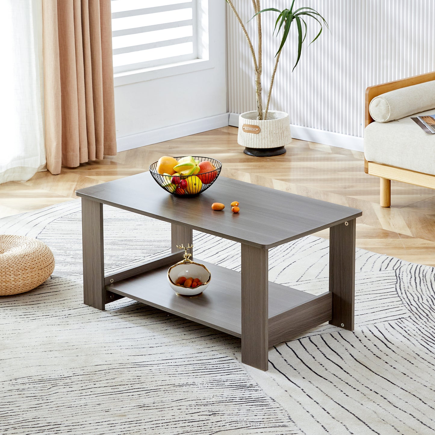 Modern minimalist gray wood grain double layered rectangular coffee table,tea table.MDF material is more durable,Suitable for living room, bedroom, and study room.19.6'*35.4'*16.5' CT-16