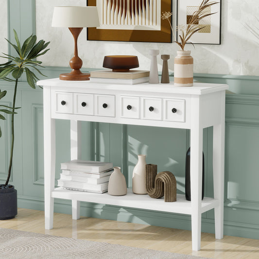 TREXM Entryway Table with 2 Drawers, Rustic Console Table with Open Shelf and Rubber Wood Legs for Entryways, Living Rooms, and Hallways (White)