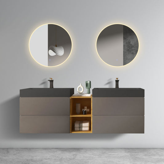 U096-ALICE72W-102 Alice 72' Space Gray Bathroom Vanity with Double Sinks and Open Shelf, Modern Wall Mounted Floating Bathroom Vanity, One-Piece Sink Basin without Drain and Faucet