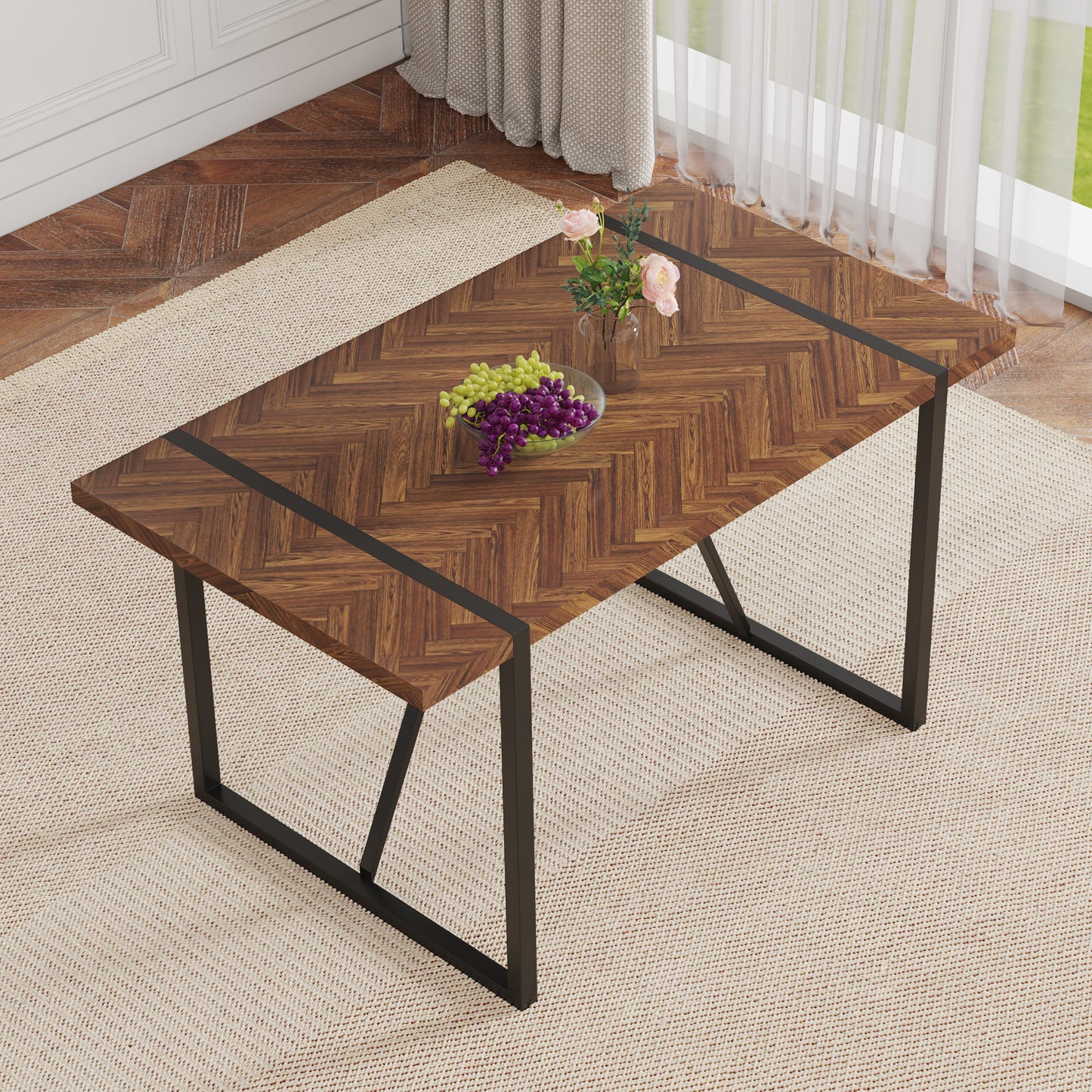 A minimalist retro rectangular dining table with a specially textured top and black metal legs.Contemporary Minimalist MDF Dark Wood Textured Tabletop.Able To Give People A Visual Beauty With Rules.