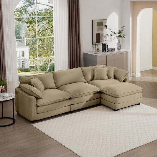 Corduroy 3-seater sofa with 1 footrest, L-shaped double sofa with ottoman for small living rooms, Tan corduroy sofa