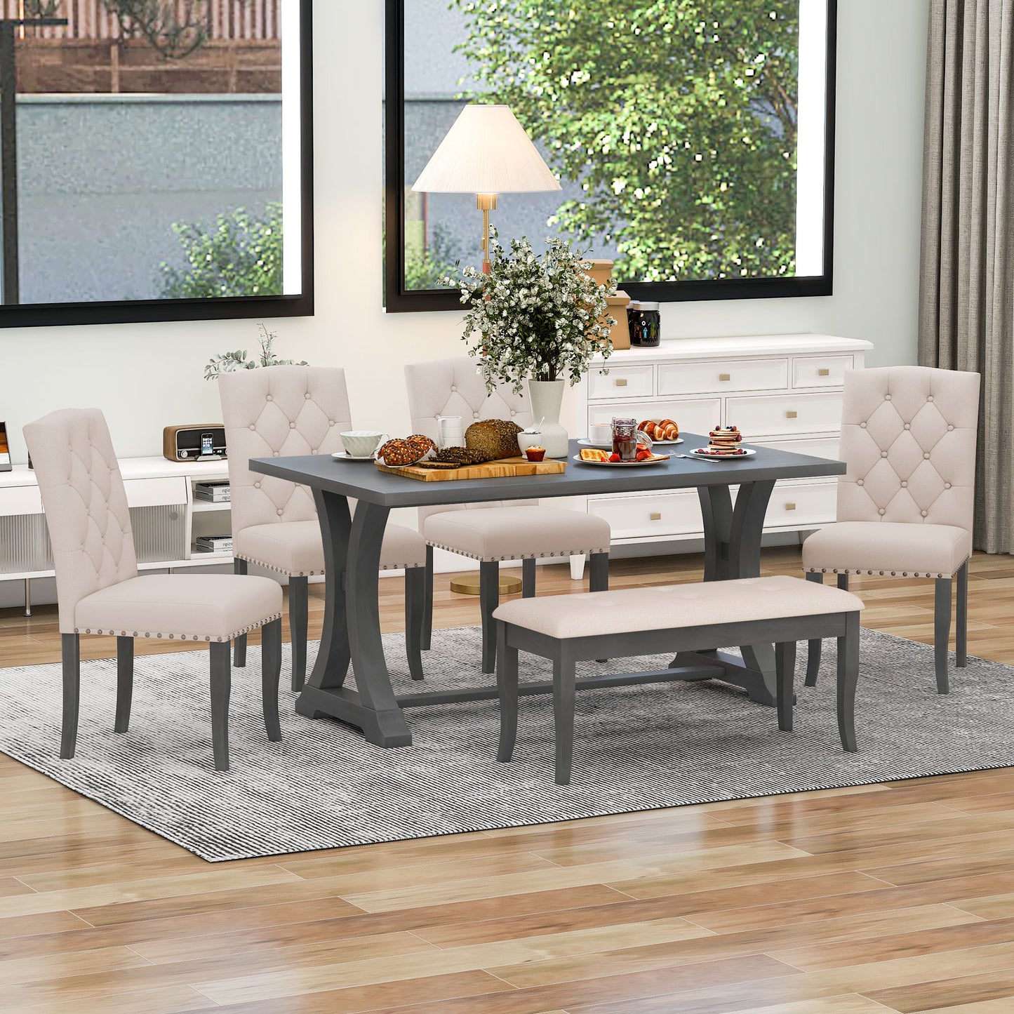 TREXM 6-Piece Farmhouse Dining Table Set, Rectangular Trestle Table and 4 Upholstered Chairs & Bench for Dining Room (Antique Gray)