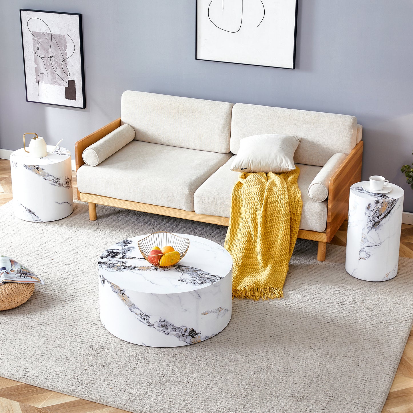 Modern Minimalist Set of Three Cylinder Marble-Patterned MDF Coffee Tables.The cylindrical table with its patterned design can be easily integrated into a variety of interior styles.