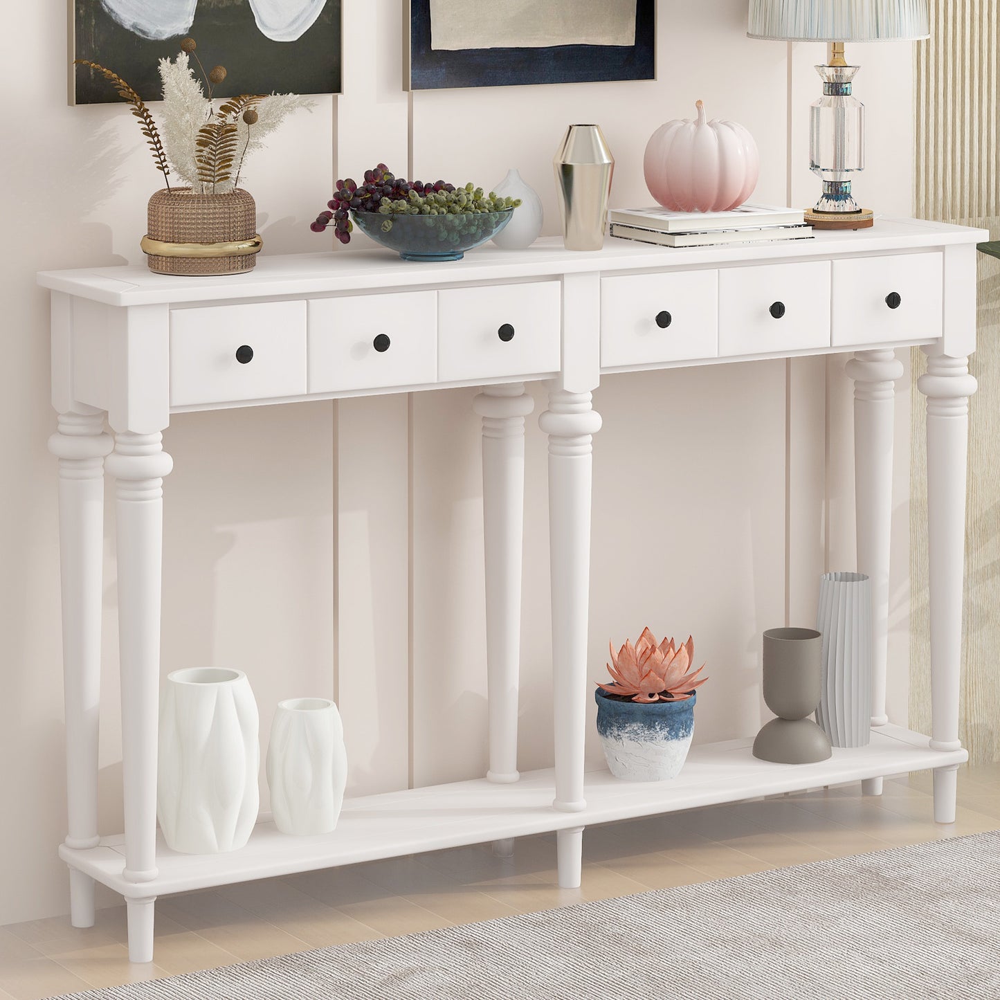 TREXM Entryway Table with 4 Drawers, Retro Console Table with Open Shelf for Entryways, Living Rooms, and Hallways (White)