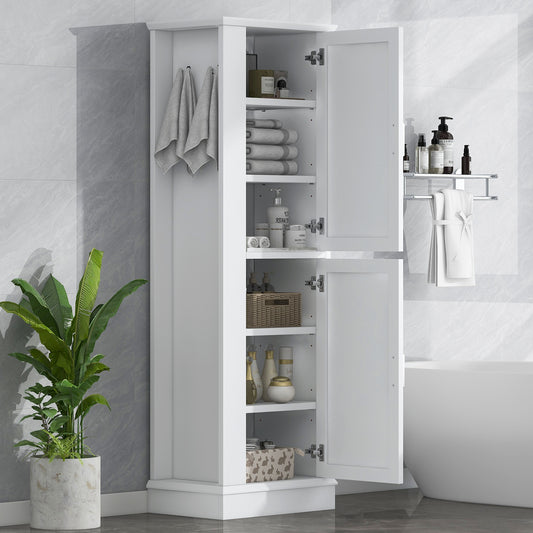 Tall Bathroom Storage Cabinet, Freestanding Storage Cabinet with Hook and Adjustable Shelf, MDF Board, White (Old Sku:WF326356AAK)