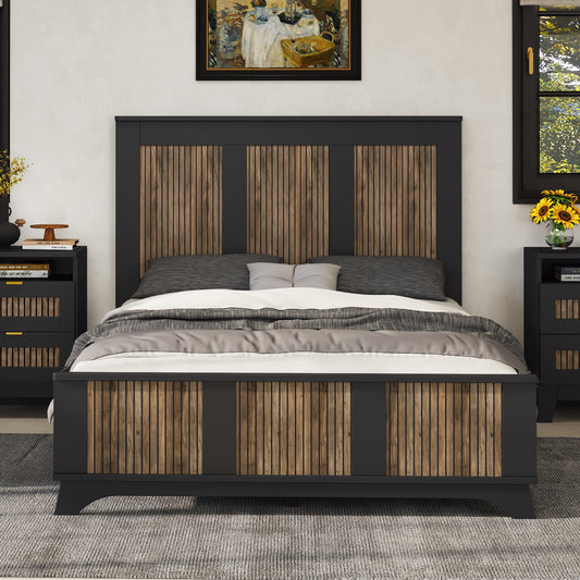 Farmhouse Wooden Platform Full Size Bed, Modern Platform Bed with Wooden Strip Stickers Decoration, Plywood Slats Support, Black