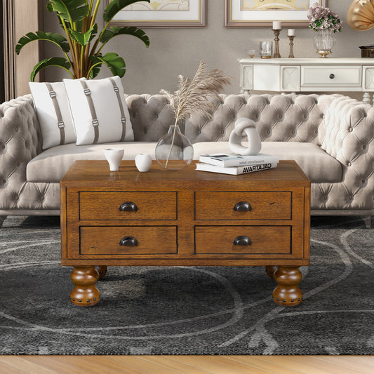 Solid Wood Rectangle Coffee Table for Living Room, 40-Inch Antique Coffee Table with 4 Drawers, Wood Center Table Tea Table with Rivet Decoration Legs.Easy Assembly,  Antique Brown