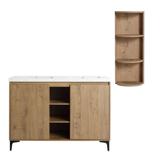 Elegant 48' Freestanding Bathroom Vanity with Double Resin Sink and Storage Rack, Soft Close Doors, Imitative Oak Finish