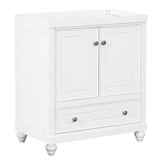 30' Bathroom Vanity without Sink, Base Only, Cabinet with Doors and Drawer, Solid Frame and MDF Board, White