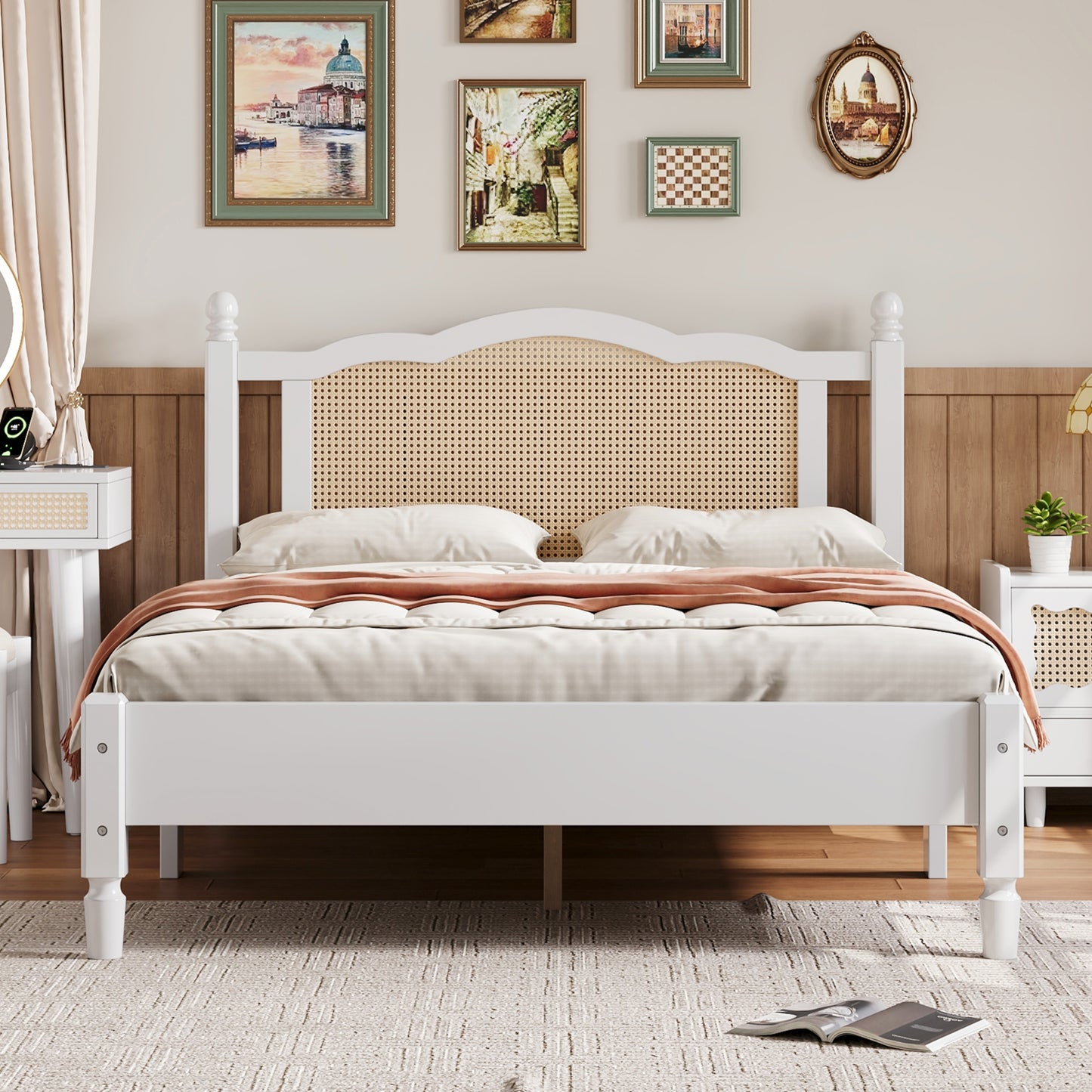 Full Size Wooden Platform Bed with Natural Rattan Headboard, Vintage Bed Frame with Wooden Slat Support, White