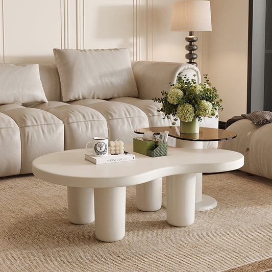 Cream White Modern Nesting Coffee Tables Set of 2, 2 in 1 Irregular Coffee Table with Glass Top End Table for Living Room Easy to Assemble