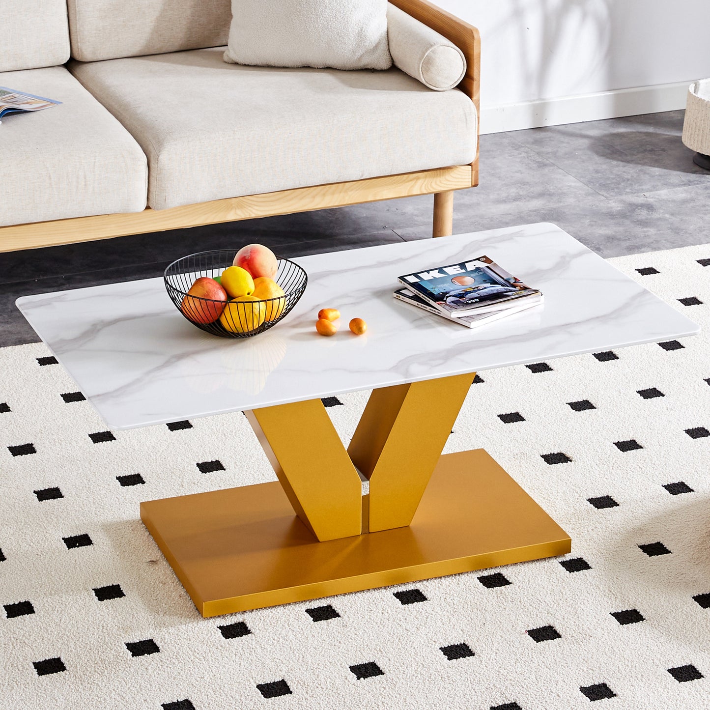 Modern minimalist coffee table. Tempered glass with stickers tabletop,golden MDF pillars. Suitable for living room and dining room .W1151P149689