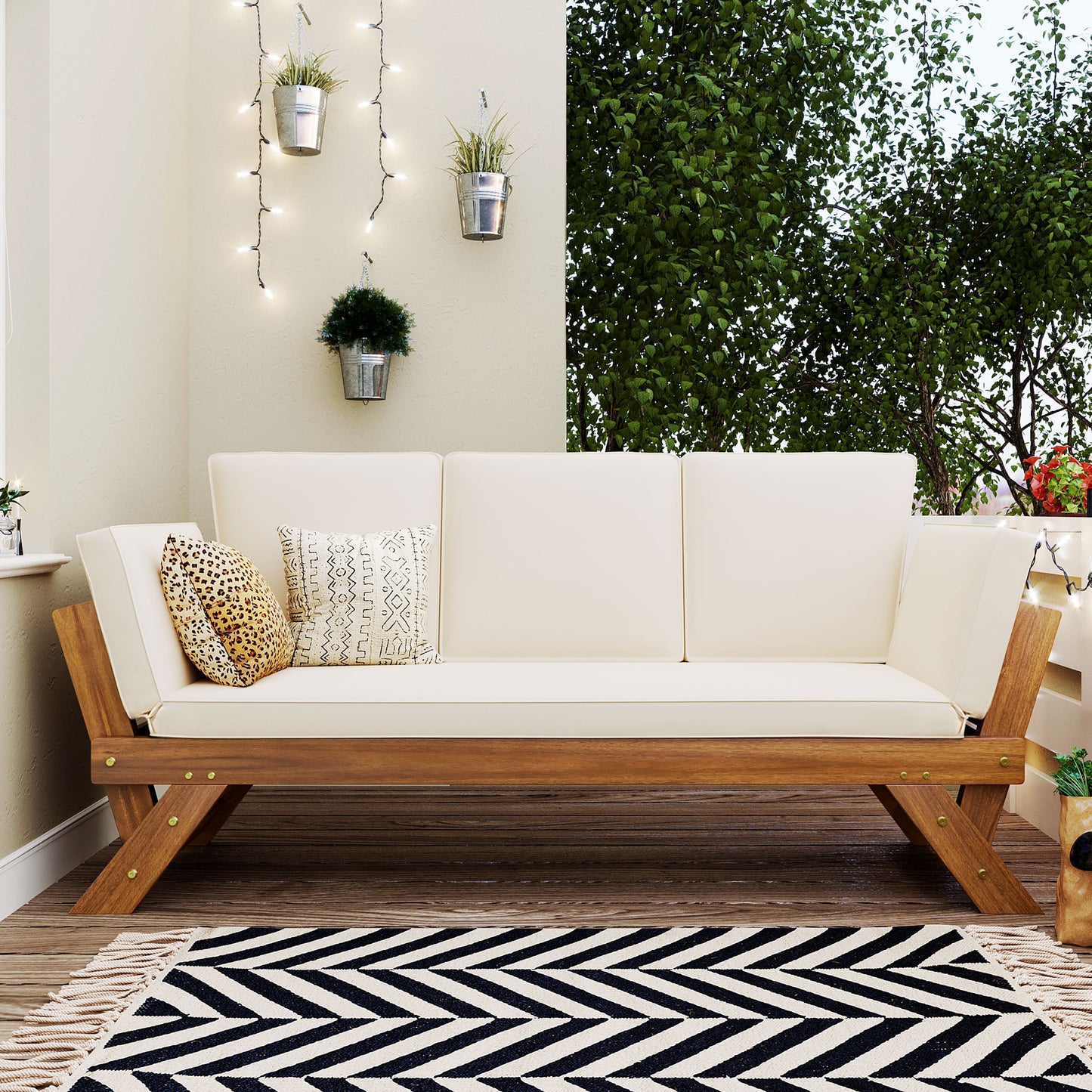 TOPMAX Outdoor Adjustable Patio Wooden Daybed Sofa Chaise Lounge with Cushions for Small Places, Natural Finish+Beige Cushion