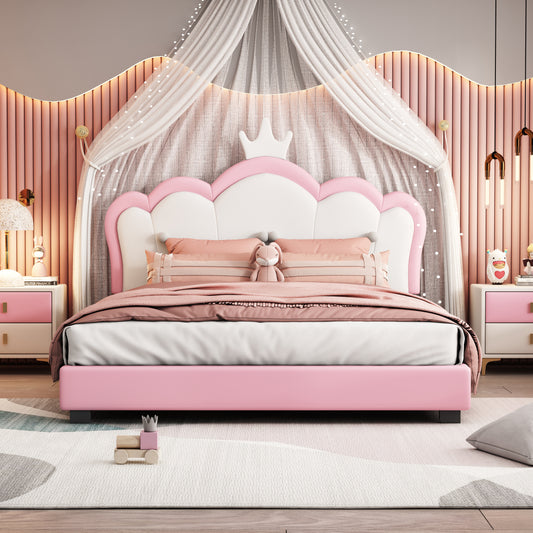 Full size Upholstered Princess Bed With Crown Headboard,Full Size Platform Bed with Headboard and Footboard, Cream+Pink(Old SKU:WF303337AAH)