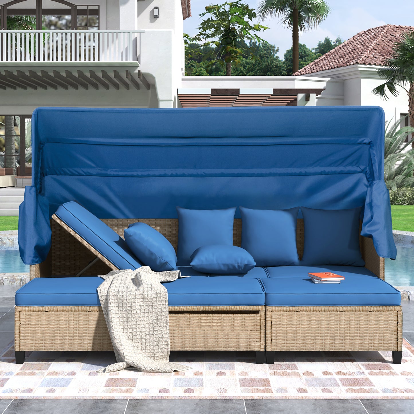 TOPMAX 4 Piece UV-Proof Resin Wicker Patio Sofa Set with Retractable Canopy, Cushions and Lifting Table,Blue