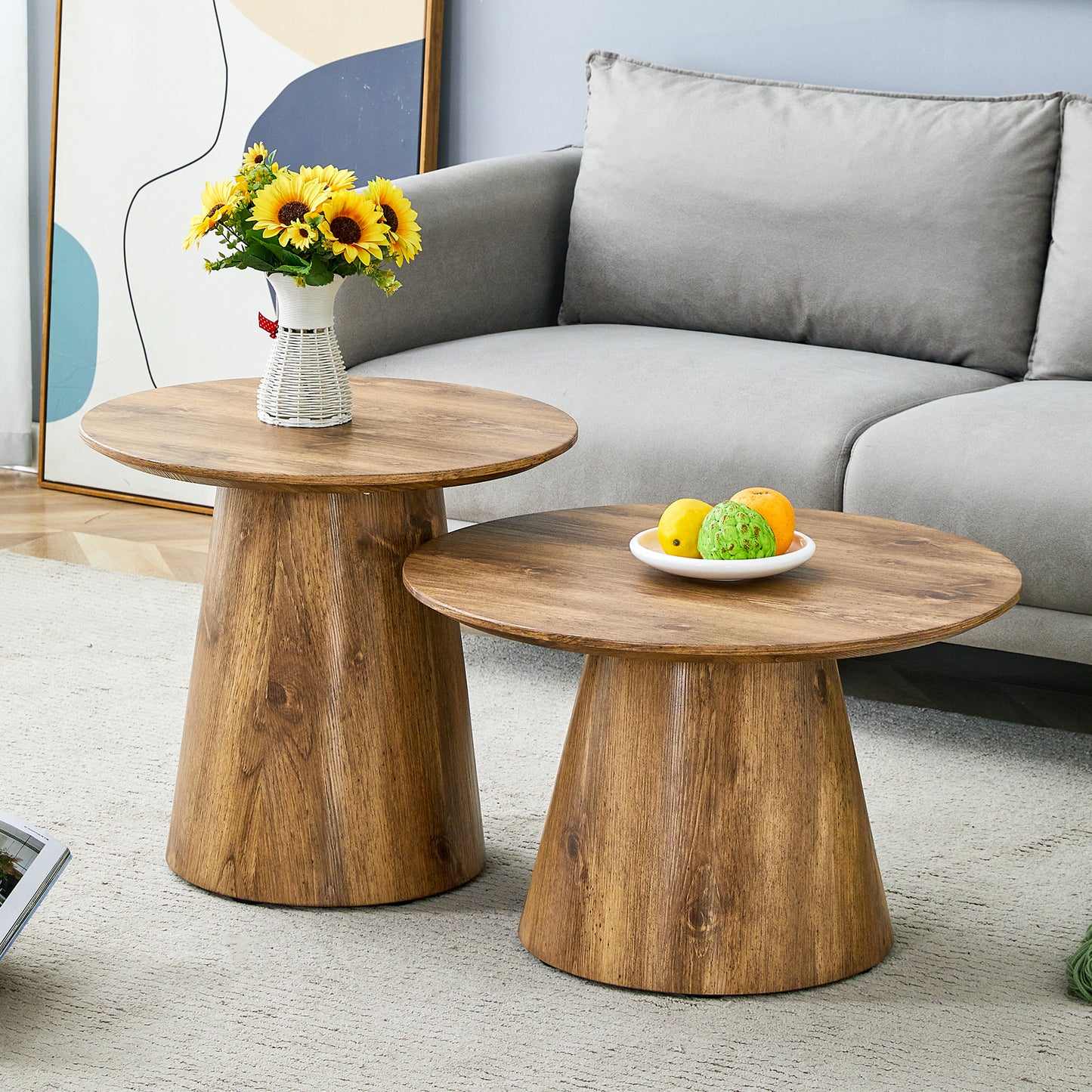 Coffee Table Set.Natural Wood Grain MDF Round Coffee Table Set.Natural Wood Grain Texture Sticker,Exquisite Wood Grain Surface,Flexible Matching.Round Tabletop Design.