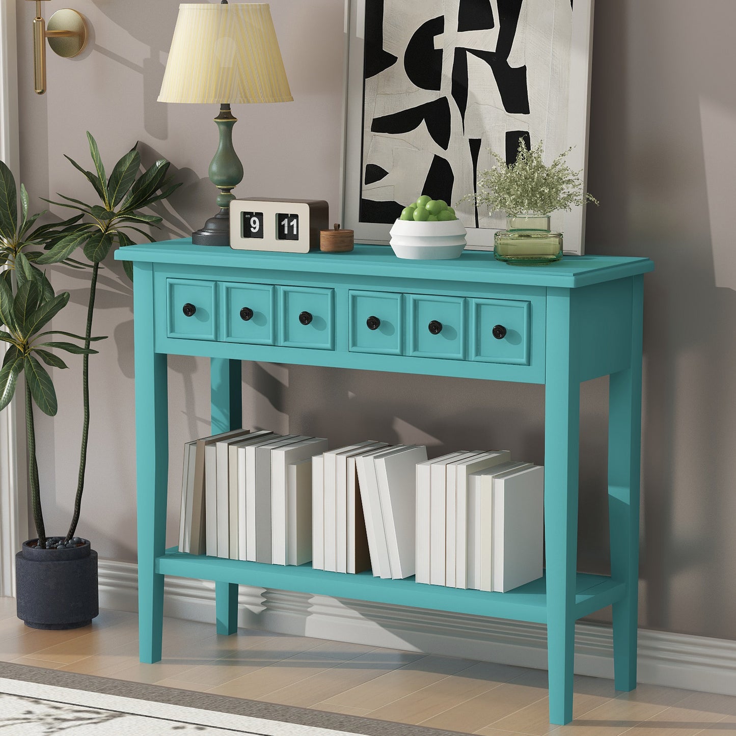 TREXM Entryway Table with 2 Drawers, Rustic Console Table with Open Shelf and Rubber Wood Legs for Entryways, Living Rooms, and Hallways (Teal)