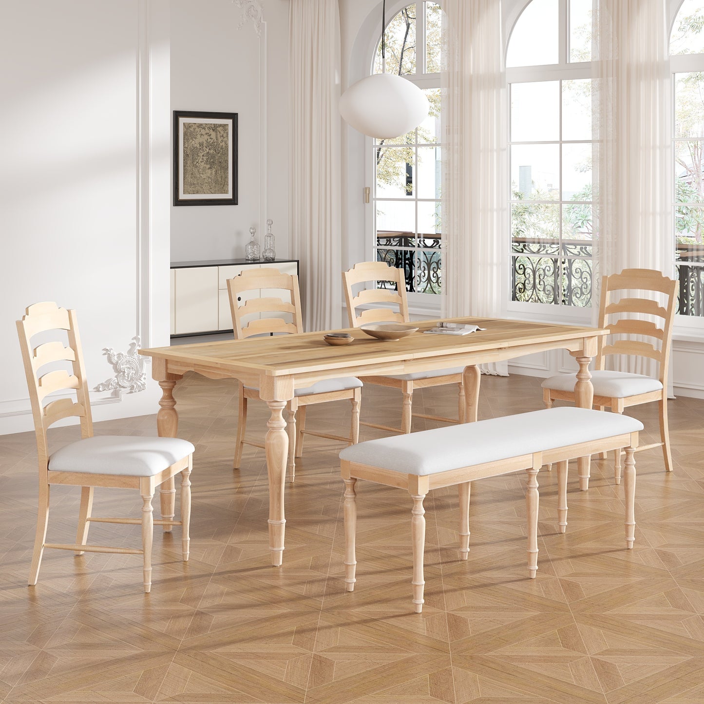 TOPMAX Vintage Traditional 6-Piece 82.7inch Extendable Dining Table Set with 23.6inch Removable Leaf, 50.4inch Upholstered Dining Bench and 4 Chairs for 6, Natural