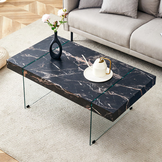 43.3'x23.6' Black Marble-Patterned MDF Coffee Table with Tempered glass legs.Suitable for Living Room.It can be used not only as a coffee table but also as a side table or display stand.W1151P209569